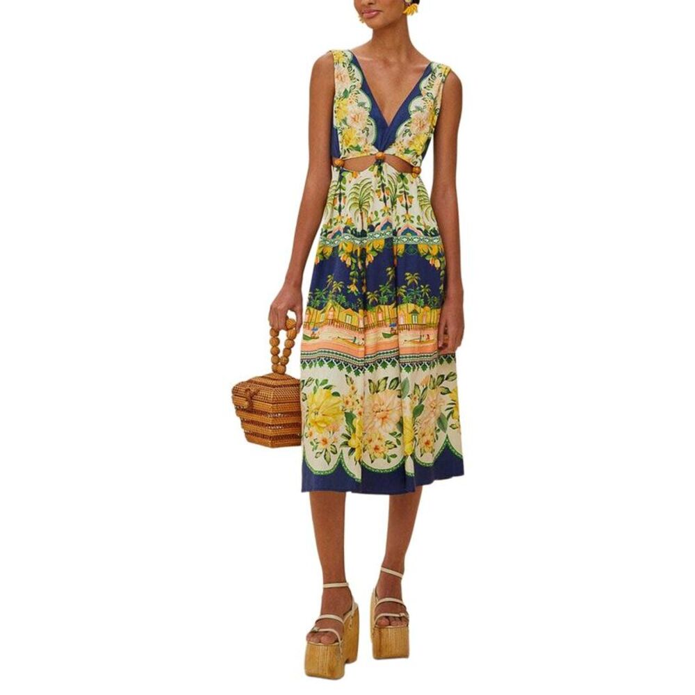 Farm Rio Womens  Linen-Blend Amazon Garden Cream Midi Dress